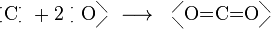 \mathrm{ ^\cdot _\cdot C ^\cdot _\cdot  \ +  2\ _\cdot ^\cdot \ O ^{\diagdown} _\diagup \ \longrightarrow \ \ _{\diagdown} ^{ \diagup} O {=} C {=} O _{\diagup} ^{\diagdown} }