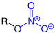 Allgemeine Struktur des Salpetersäureesters mit der blaumarkierte Salpetersäureester-(Nitrat-)Gruppe