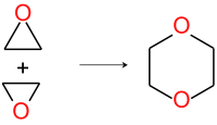 Einfaches Reaktionsschema für die Bildung von 1,4-Dioxan aus Ethylenoxid.