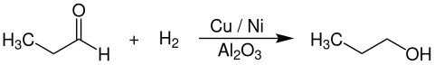 Catalytic hydrogenation of propionaldehyde to form n-propanol in the presence of a copper-nickel-catalyst supported on aluminium oxide