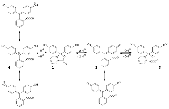 Indikatorreaktion von Phenolphthalein bei verschiedenen pH-Werten