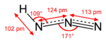 Strukturformel der Stickstoffwasserstoffsäure mit Bindungswinkeln und Bindungslängen.