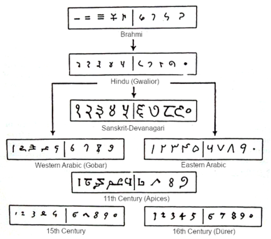 Aus Brahmi entsteht Hindu (Gwalior), woraus Western Arabic Sanskrit-Devangari und Eastern Arabic entstehen