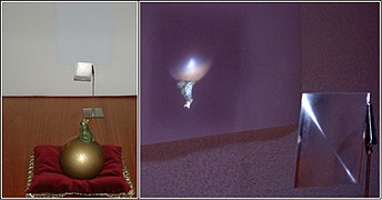 Abbildung eines Froschs (links, vorn) mit dünner Fresnel-Linse (links, hinten); Bild und Linse (rechts)