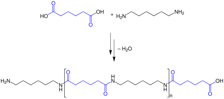 Polykondensationsreaktion von Adipinsäure mit HMDA (Hexamethylendiamin) zu Nylon 6,6