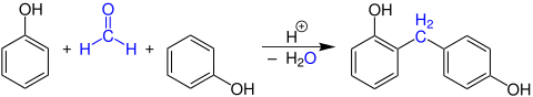 Erste Stufe der Polykondensationsreaktion von Formaldehyd mit Phenol zu Bakelit