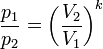 \frac {p_1}{p_2} = \left( \frac {V_2} {V_1} \right)^k